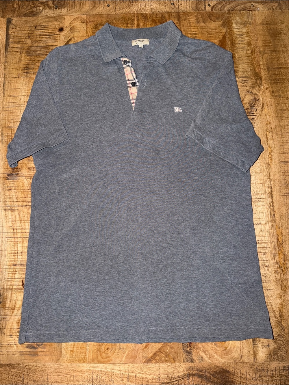 Burberry Men's Heather Blue Polo with Iconic Check Placket